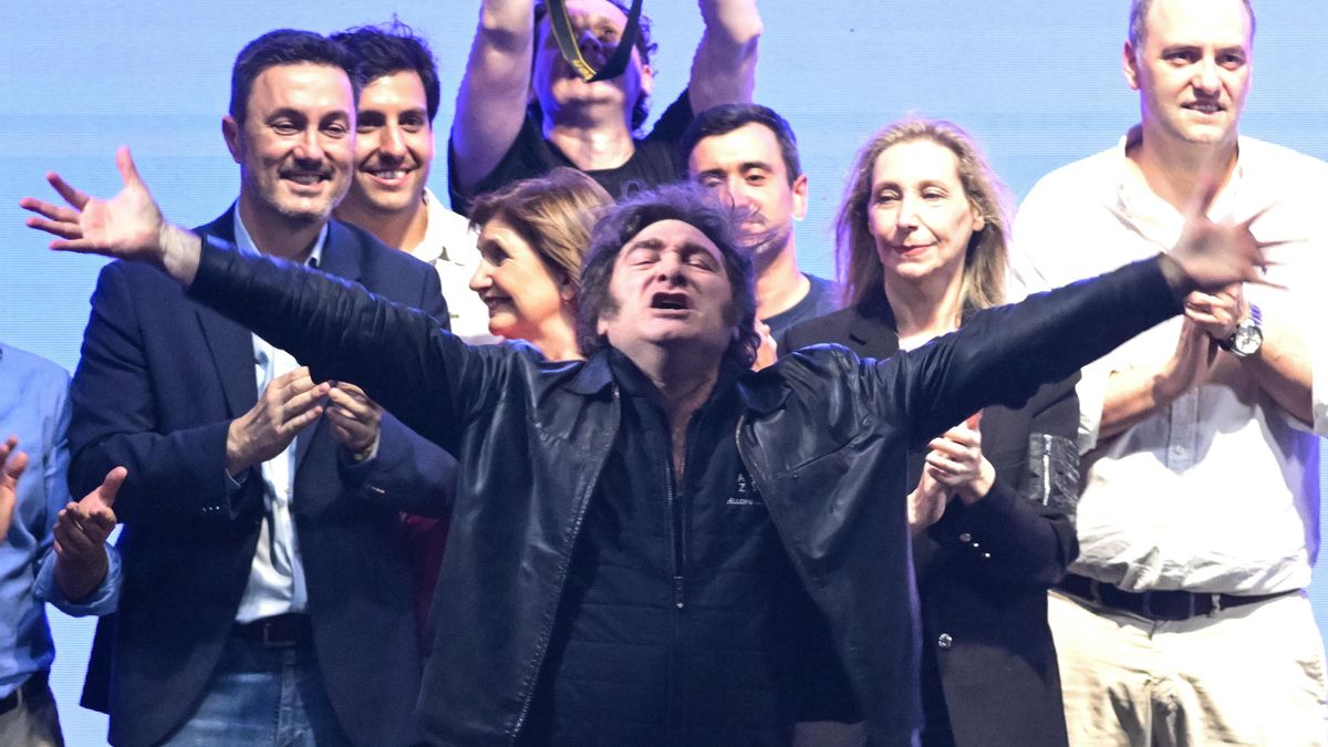 El presidente de Argentina, Javier Milei, reacciona durante el cierre de campaña del partido La Libertad Avanza este jueves, en Rosario (Argentina). EFE/ STR