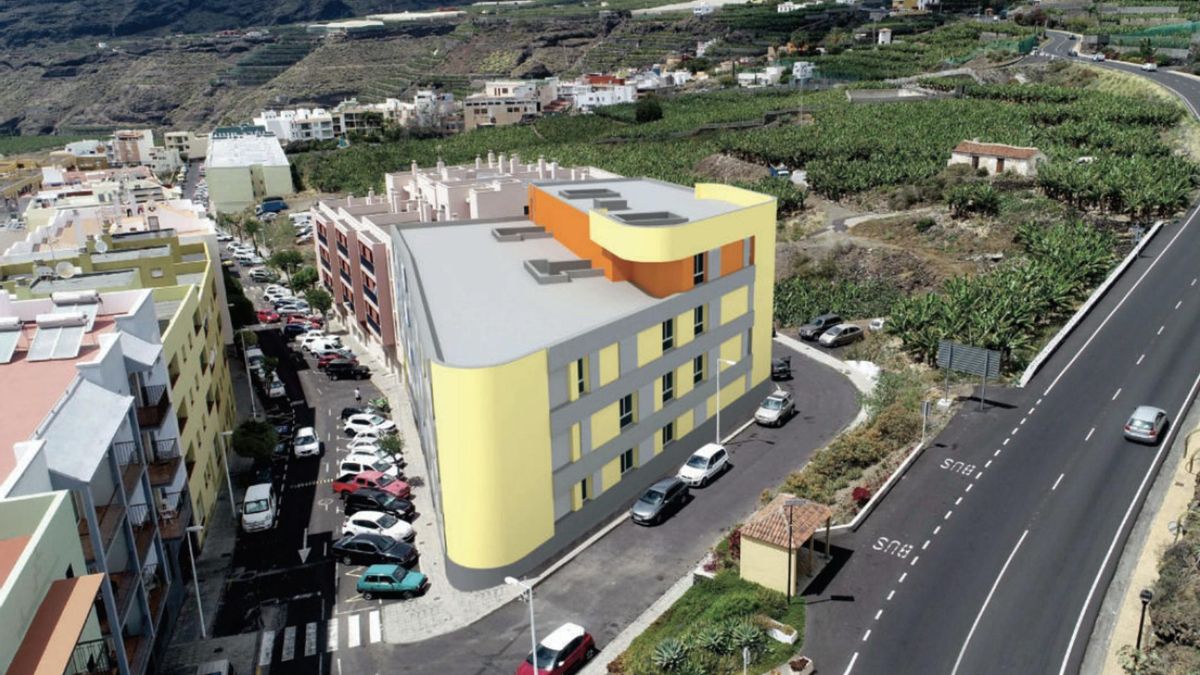 Imagen del municipio de Tazacorte con la infografía  de un un edificio en primer plano.