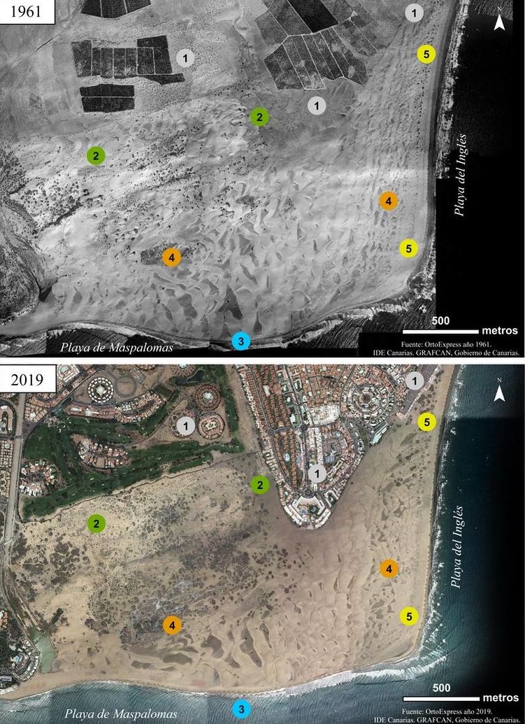 Imagen de las Dunas de Maspalomas en 1961 y en la actualidad