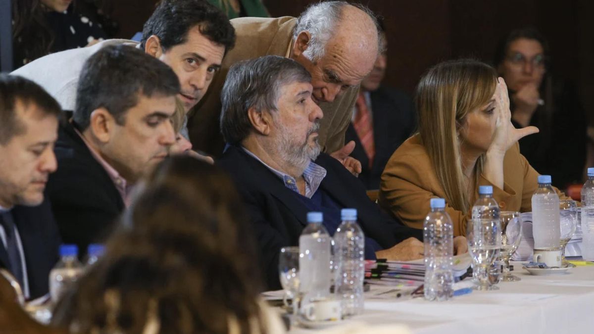 Los senadores de Unión por la Patria José Mayans, Eduardo De Pedro, Oscar Parrilli y Anabel Fernández Sagasti durante la reunión.