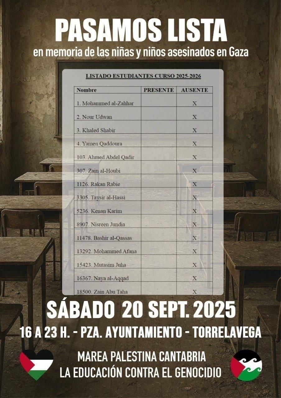 Docentes cántabros recordarán a los 18.500 niños asesinados en Palestina este sábado en Torrelavega.