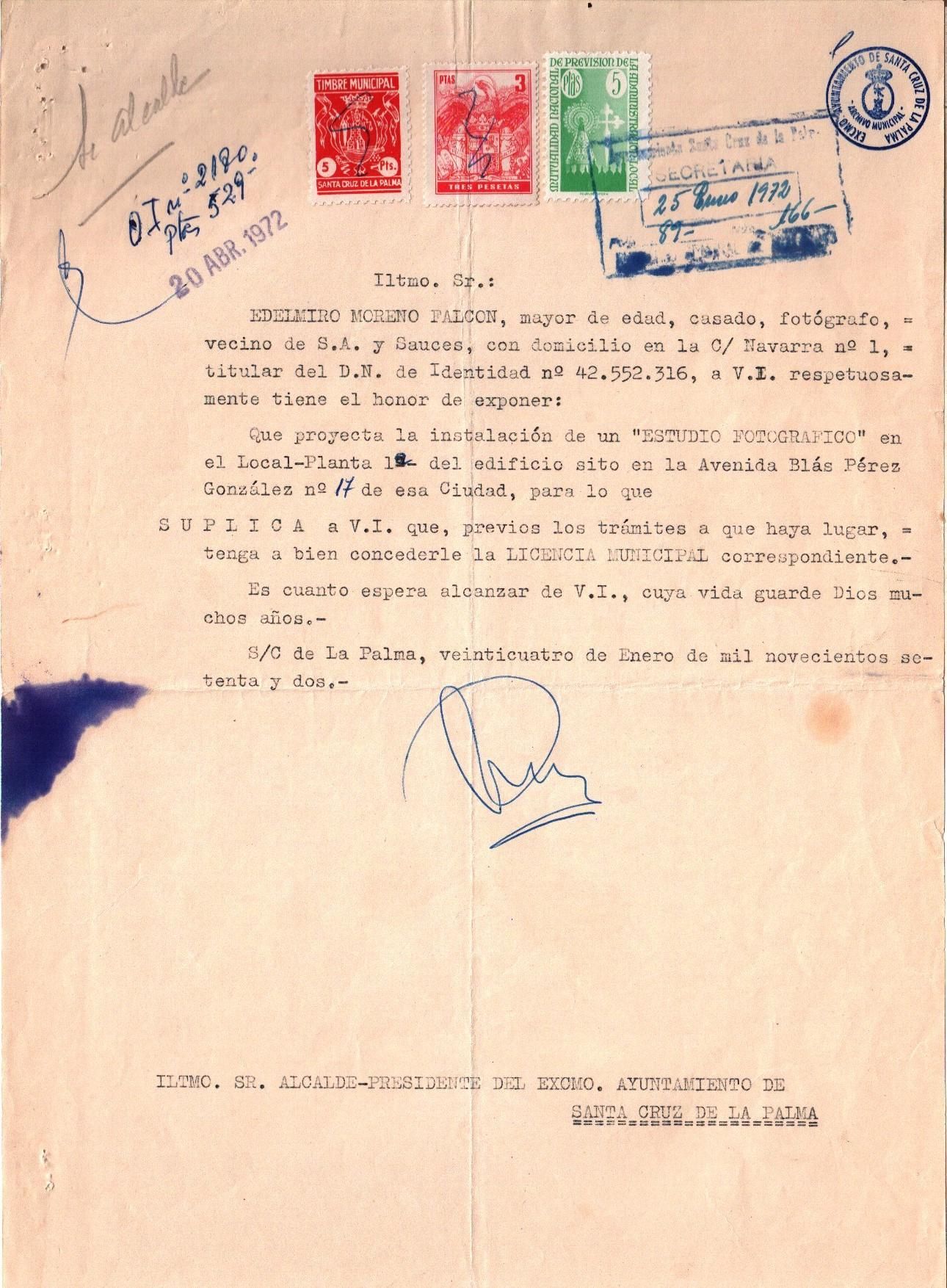 Solicitud de apertura de Edelmiro Moreno, 1972. Foto: Archivo Municipal de SCLP (1293-1-78)