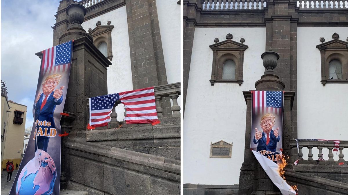 Acción Insumisa quema un póster gigante con la imagen de Trump detrás de la Catedral de Las Palmas