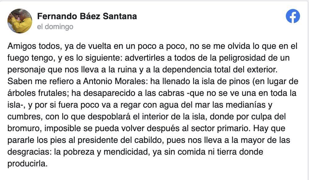 Mensaje publicado este domingo por el padre Báez