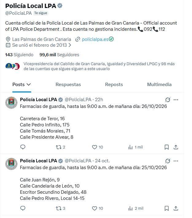 Captura de las publicaciones sobre la información de farmacias de guardia en Las Palmas de Gran Canaria.