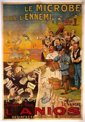 Publicidad de un desinfectante para destruir microbios que representan enfermedades infecciosas. 1910