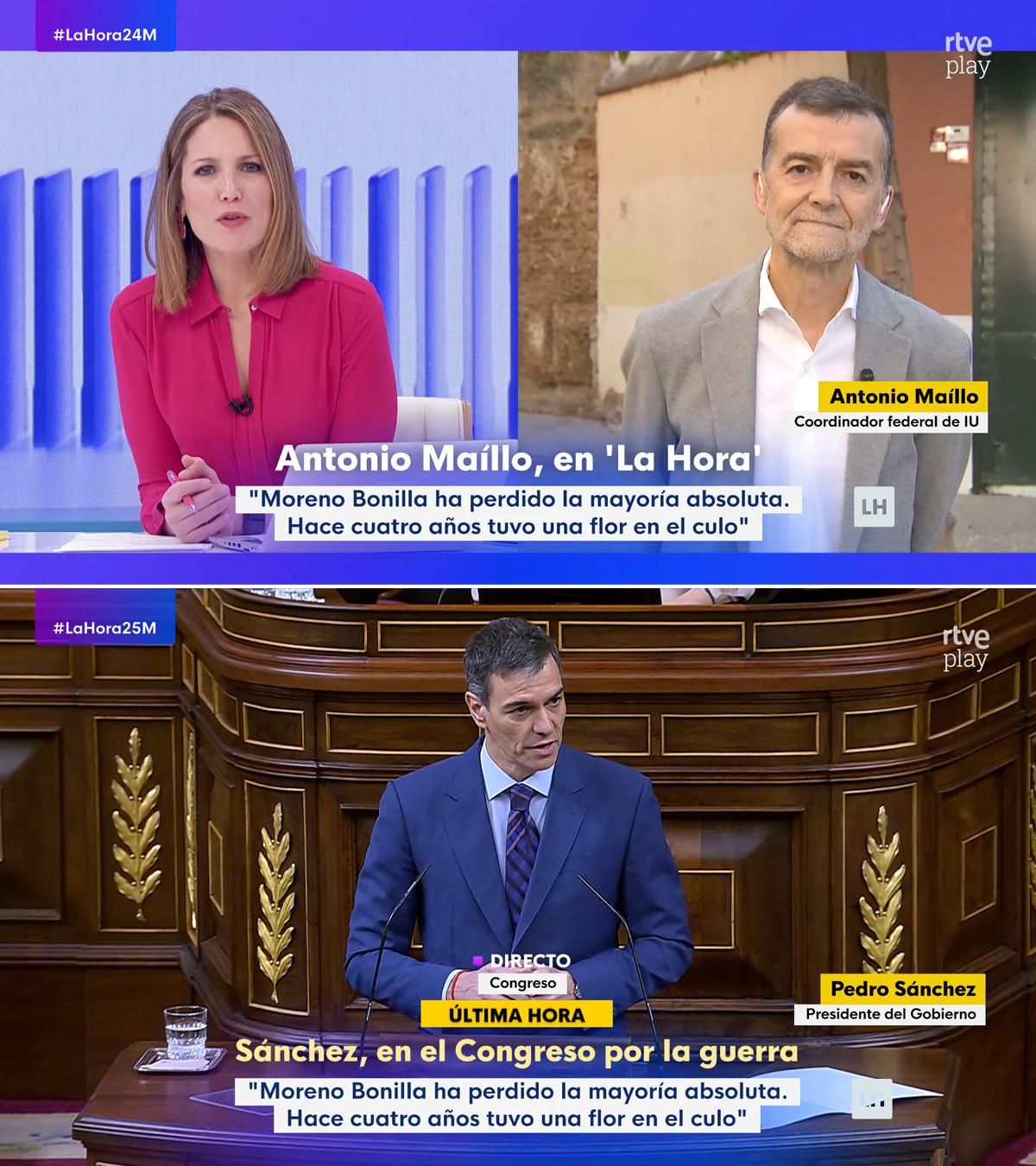 Arriba, el rótulo aparece durante la entrevista de Antonio Maíllo en la mañana del martes 24 de marzo / Abajo, el rótulo reaparece por error durante la emisión del discurso de Sánchez el miércoles día 25