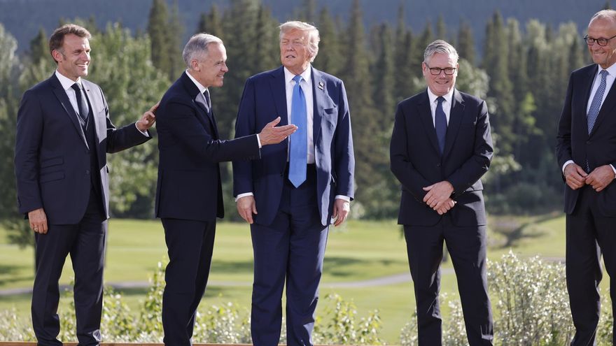 Macron, Carney, Trump, Starmer y Merz en una reunión del G7 en junio de 2025.