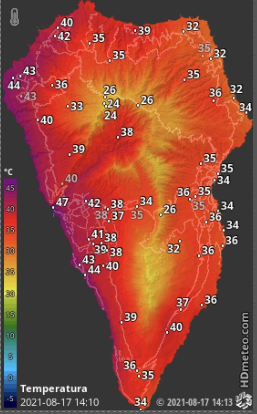 Mapa de HD Meteo La Palma donde se indica la temperatura que, a las 14.20 horas de este martes, 17 de agosto, se registraba en distintos puntos de La Palma.