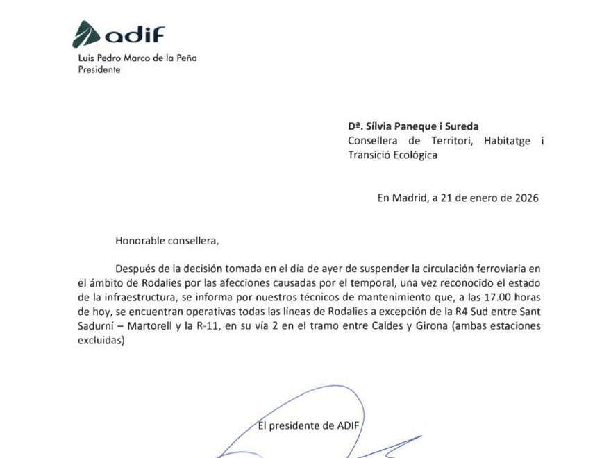 Carta enviada por el presidente de Adif en la que certificaba la operabilidad de las vías