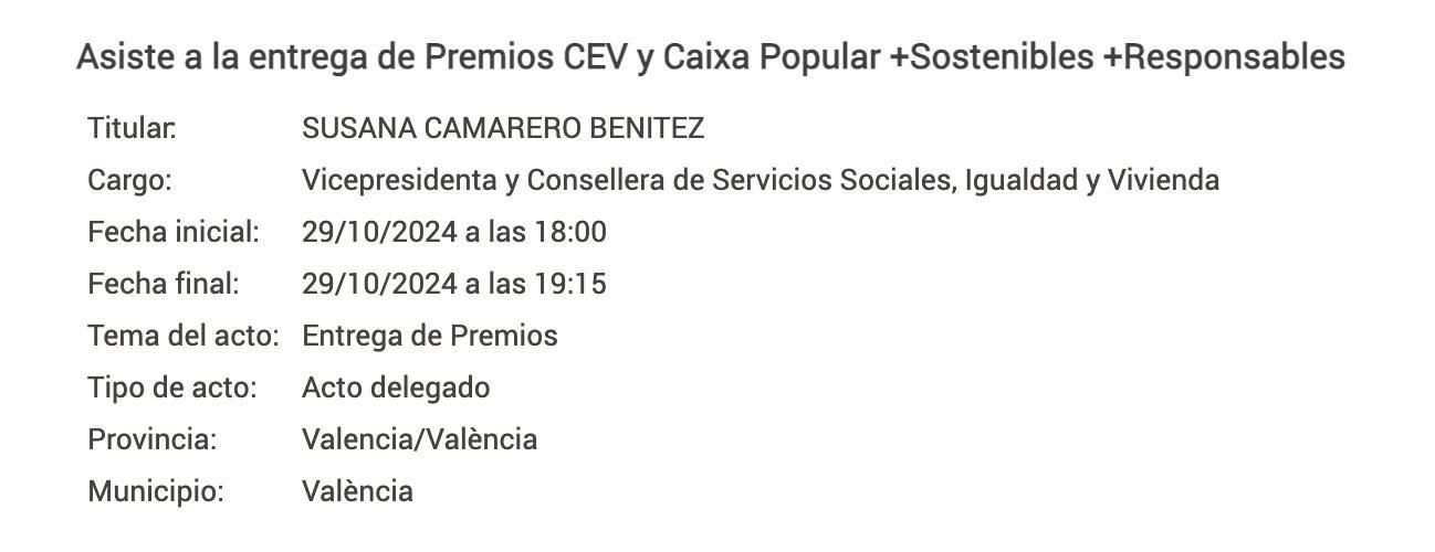 Reseña de la asistencia al acto en la agenda de Susana Camarero disponible en el portal 'GVA Oberta'.