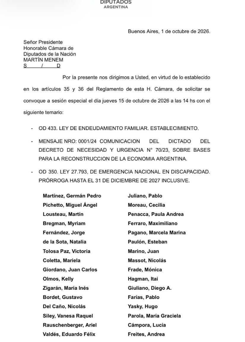 El pedido opositor para la sesión del 15 de octubre.