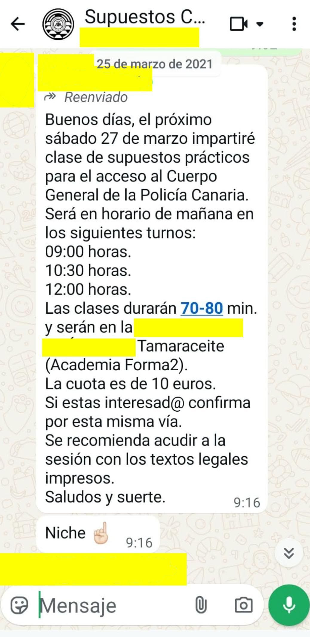 Mensaje de WhatsApp sobre las clases impartidas por Ángel Nichel Acosta.