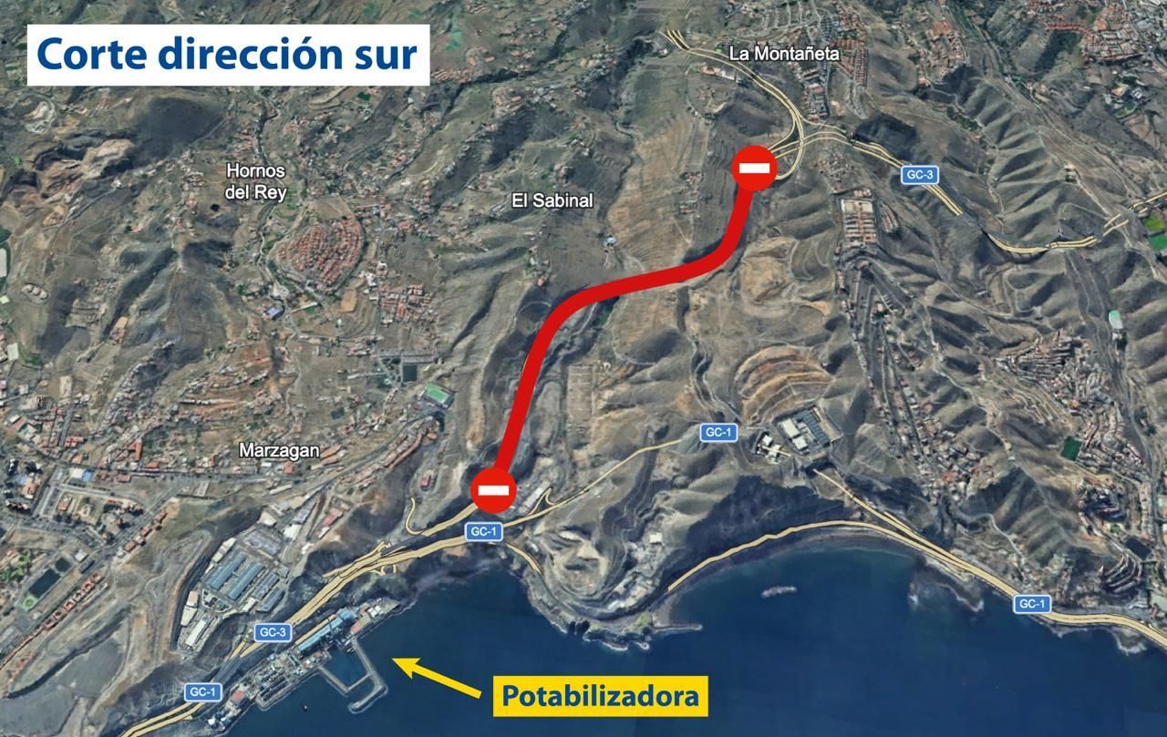 Corte de la bajada a la Potabilizadora en la Circunvalación de Las Palmas de Gran Canaria (GC-3).