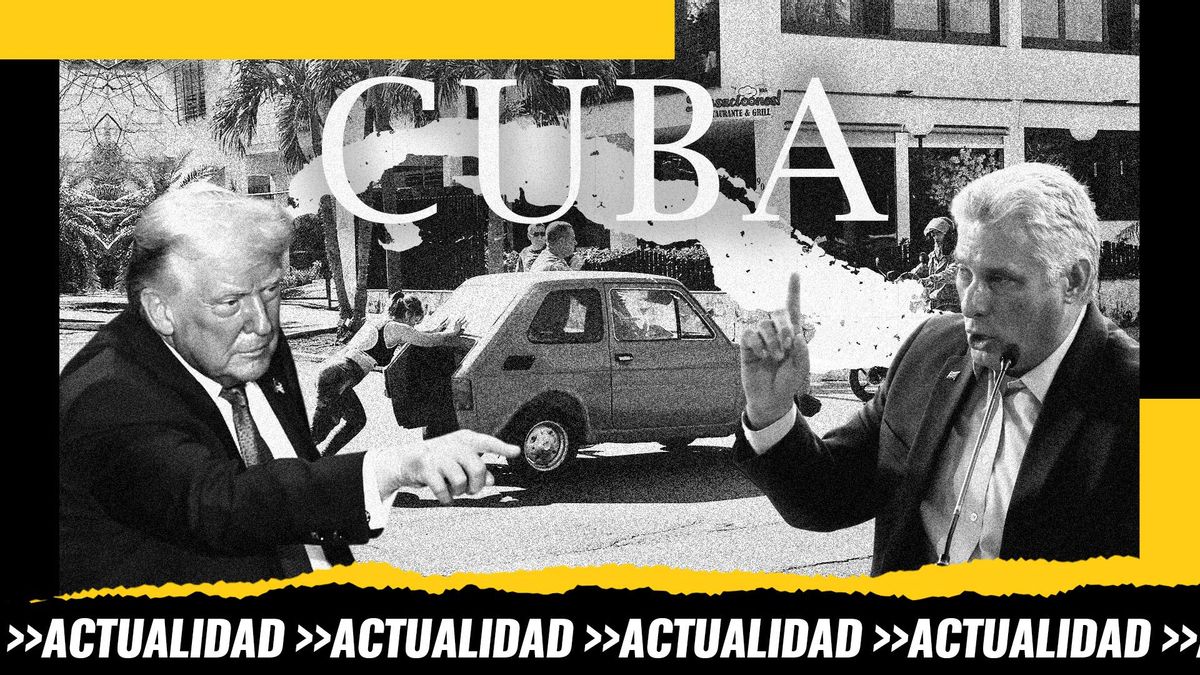 Montaje: mapa de Cuba sobre una fotografía de una mujer empujando un coche en la Habana en febrero de 2017 flanqueada por el Presidente de EEUU Donald Trump y el de Cuba Miguel Díaz-Canel