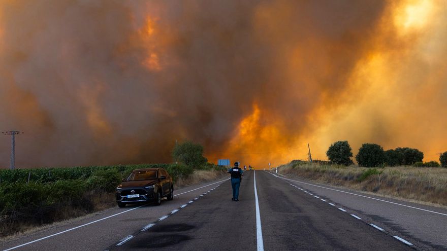 Llamas y humo procedentes de un incendio forestal, a 29 de julio de 2026, en Fermoselle, Zamora, Castilla y León (España).