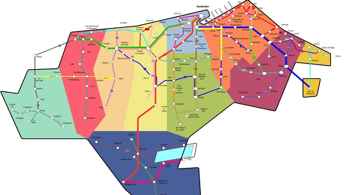 Mapa de una nueva red de transporte público para Cantabria diseñado por Cantabristas.