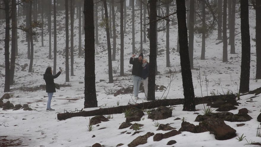 Varias personas se acercaron a la cumbre de Gran Canaria para ver la nieve
