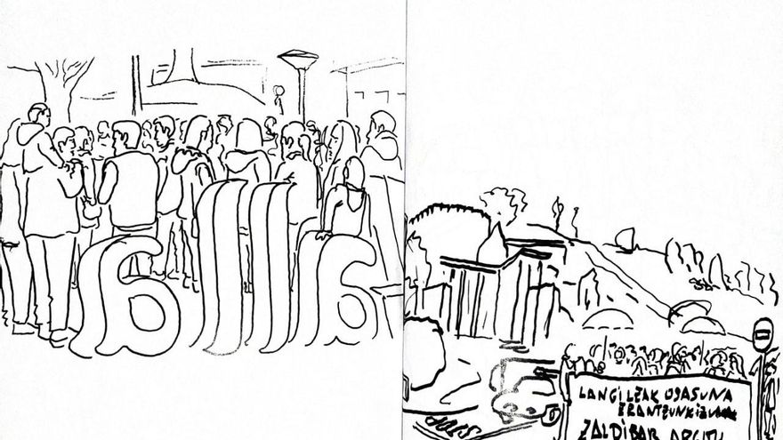 Vecinos junto al cartel de Zalla, en dibujos de Gorka Belasko