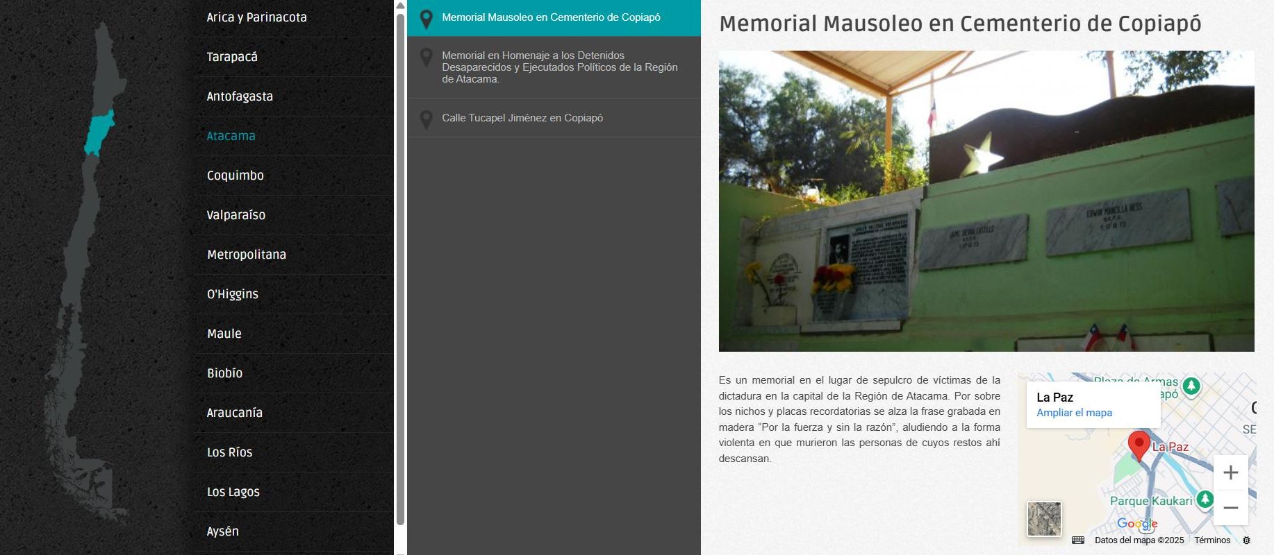 Captura de la información sobre un Memorial situado en Atacama