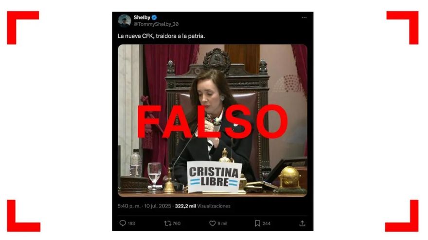 No, Victoria Villarruel no posó en el estrado del Senado con un cartel que decía “Cristina Libre”