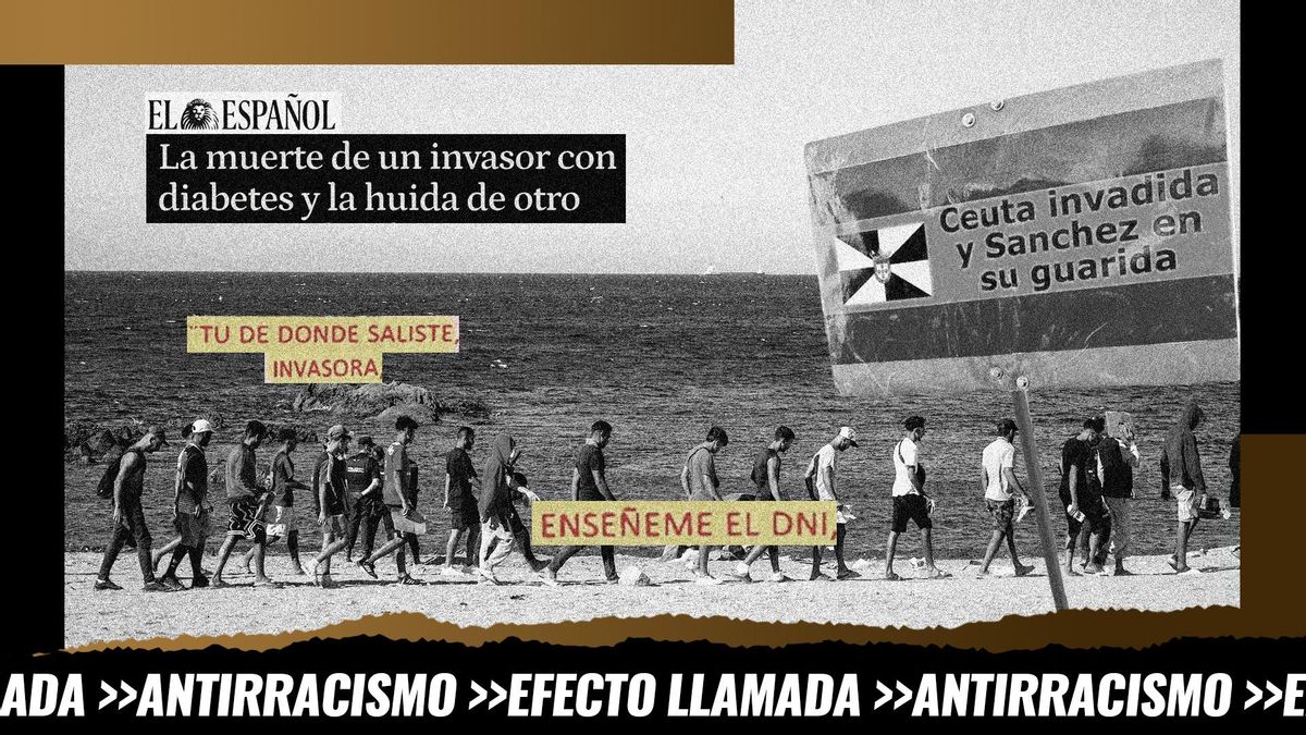 Montaje: una foto de personas migrantes en agosto en una playa de Ceuta bajo un titular de prensa, las declaraciones sufridas por una menor en una manifestación o una pancarta vista en otra protesta