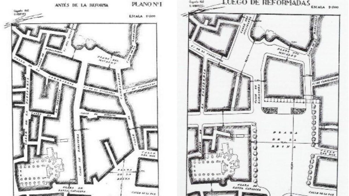 Bocetos de la remodelación de la Plaza de la Reina (antes y después), realizados en 1949 / Fundación Goerlich.