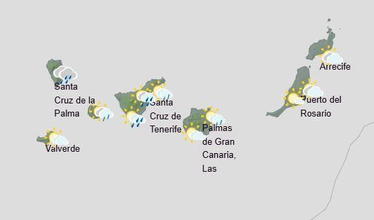 Mapa de lluvias y estado de los cielos en Canarias para el martes, entre las 12:00 y las 18:00 horas.