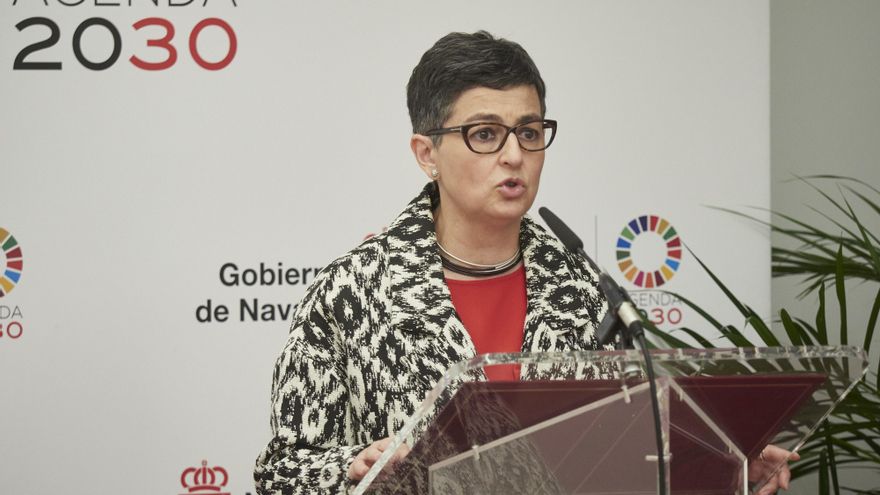 La ministra de Asuntos Exteriores, Unión Europea y Cooperación, Arancha González Laya interviene en el Palacio de Gobierno de Navarra, Pamplona, Navarra (España), a 5 de marzo de 2021. Durante su visita ha mantenido diversos encuentros con el Gobierno de