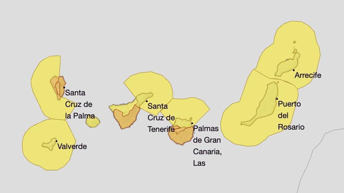Mapa de la Aemet de los avisos por lluvias, viento,  tormentas y oleaje para el jueves.