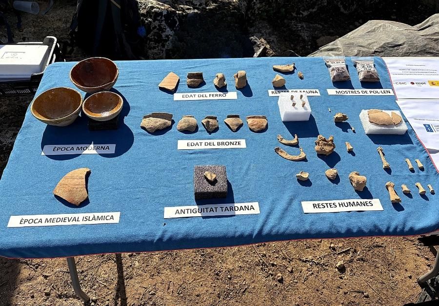 Selección de materiales arqueológicos documentados en Son Sunyer, entre ellos restos humanos, fragmentos de cerámica y otras evidencias de distintas etapas históricas