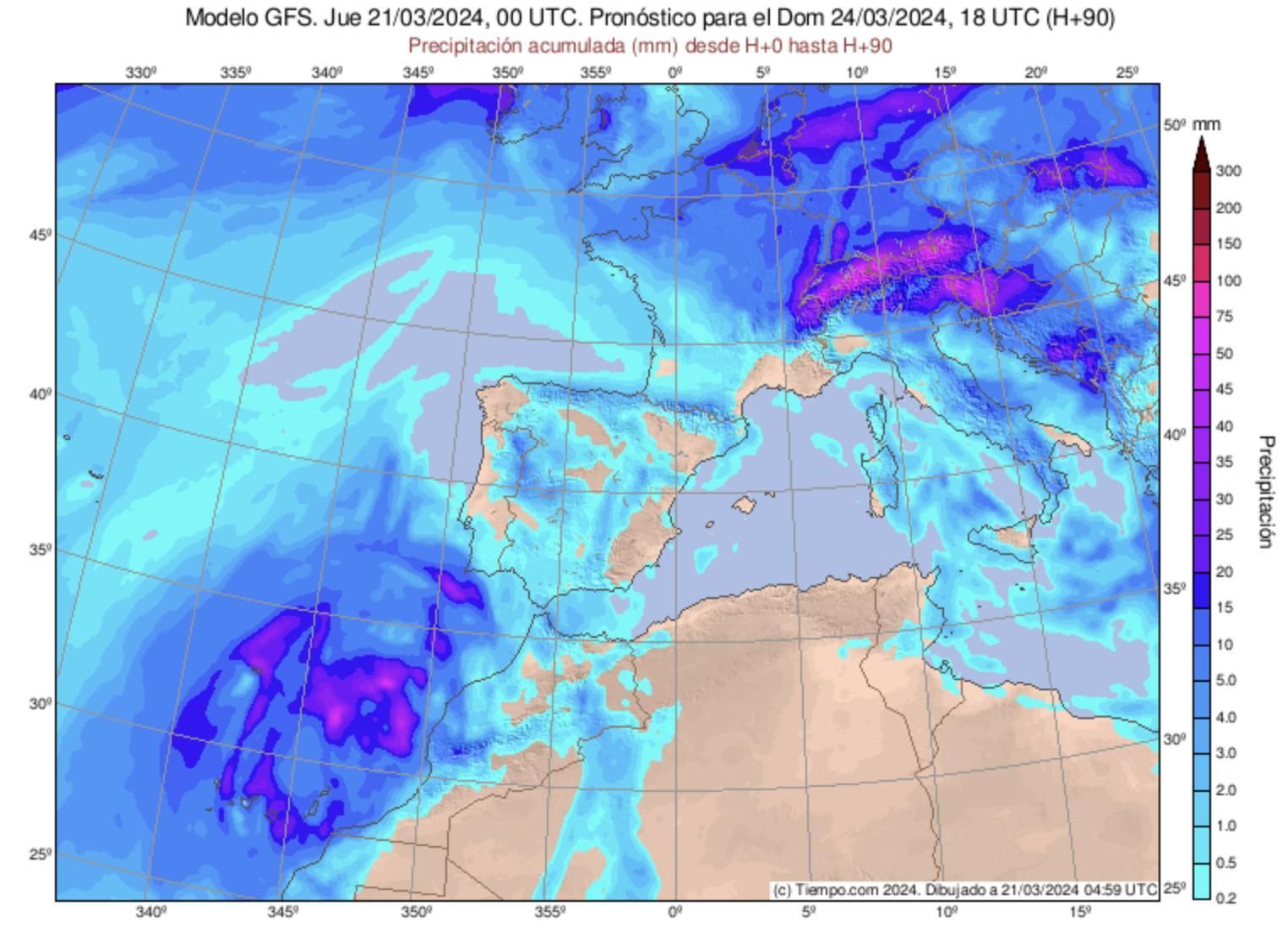 Precipitación acumulada hasta el domingo, 24 de marzo, según el modelo GFS.