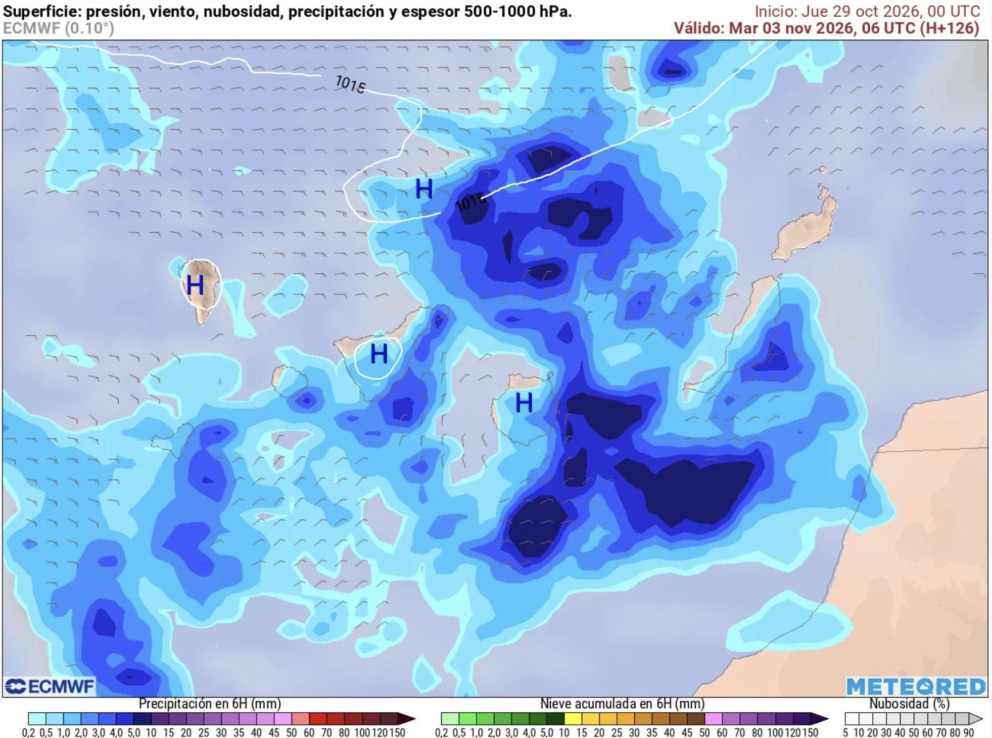 Mapa de acumulado de lluvia para el martes, 3 de noviembre, en Canarias.