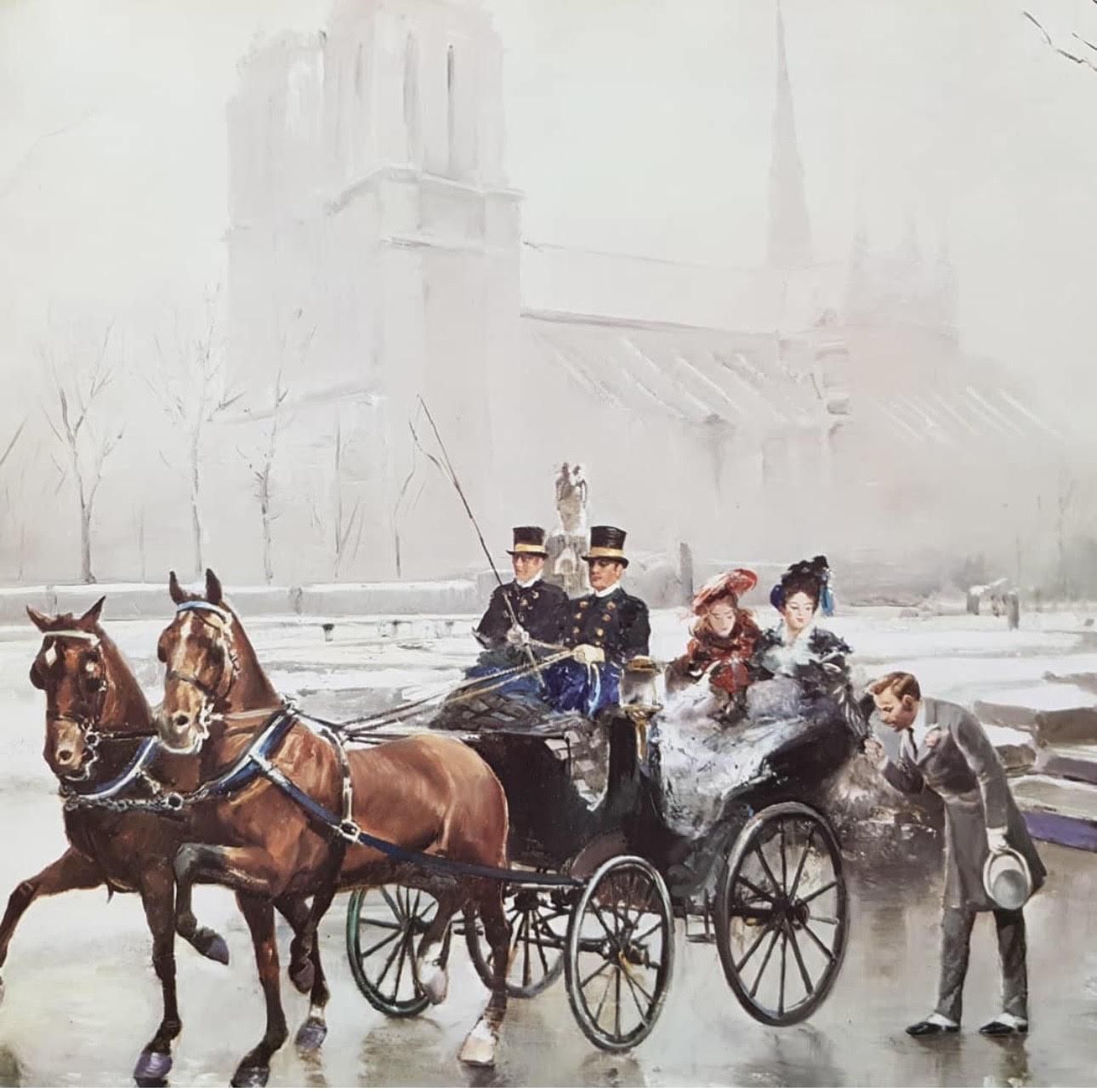 Una escena de París con caballos, pintada por el Maestro Palmero