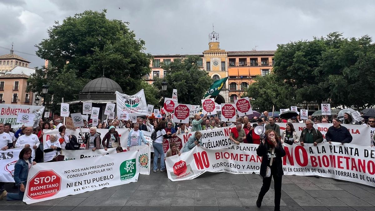 Concentración de asociaciones y plataformas en contra de las macrogranjas y las plantas de biogás celebrada en la plaza de Zocodover de Toledo