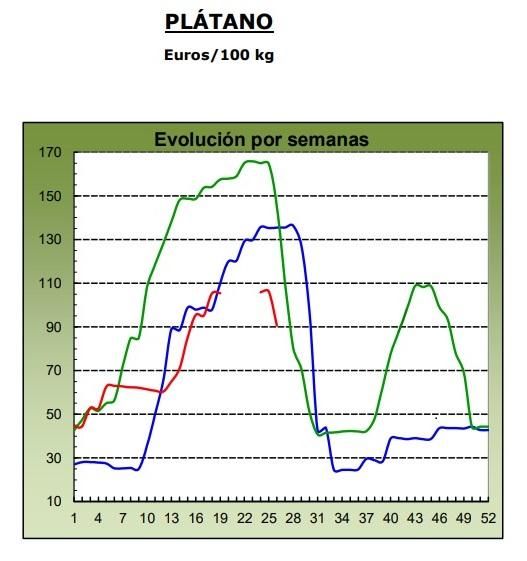 Evolución de los precios medios percibidos por el platanero canario en 2024 (marca azul), 2025 (verde) y 2026 (roja, hasta la semana 26).