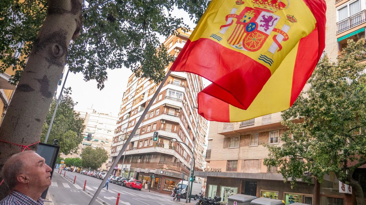 Un manifestante en la Calle Princesa de Murcia ondeando una bandera de España