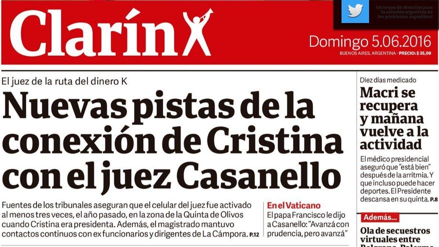 Una de las tapas de Clarín sobre la visita de Sebastián Casanello a Olivos, que resultó ser información intoxicada