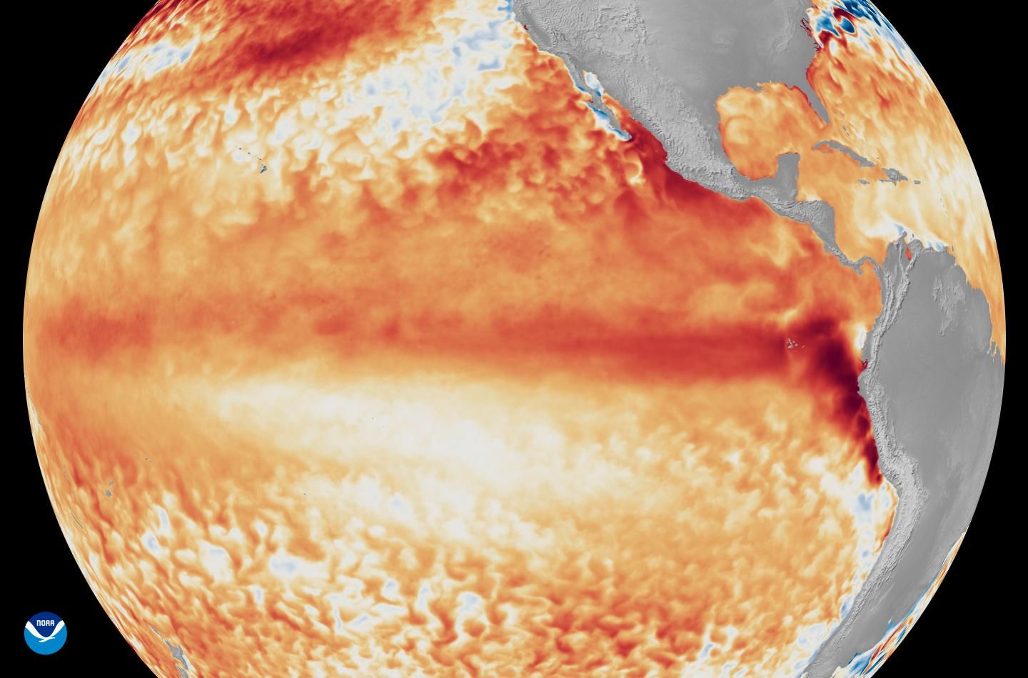 Imagen satelital que muestra un cambio en las temperaturas de la superficie marina a la altura de la línea ecuatorial en el océano Pacífico, provocada por El Niño 2026. Foto: cortesía NOAA Satellites