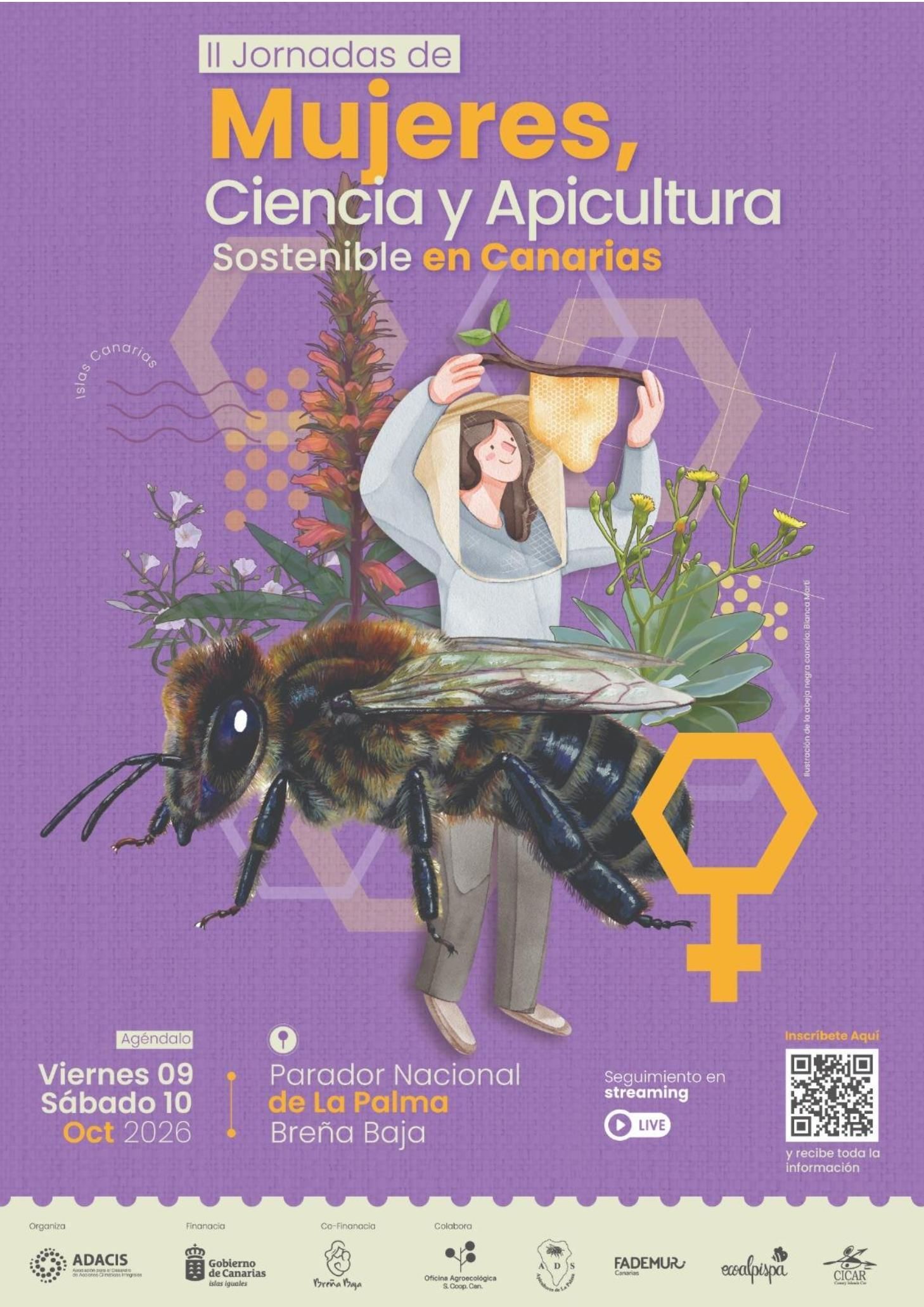 Cartel de las II Jornadas de Mujeres, Ciencia y Apicultura Sostenible en Canarias.