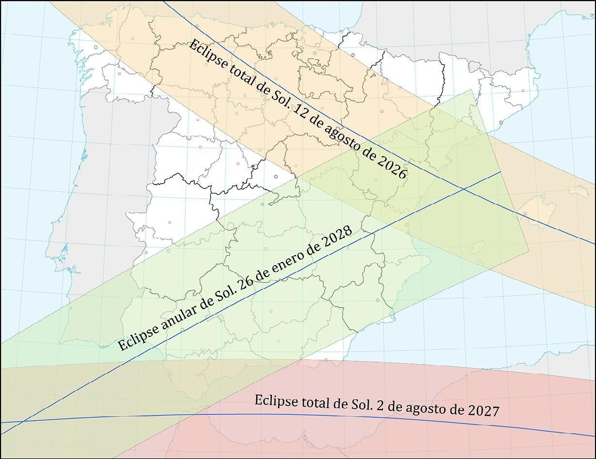Mapa del Trío de Eclipses, con las franjas donde mejor podrán contemplarse