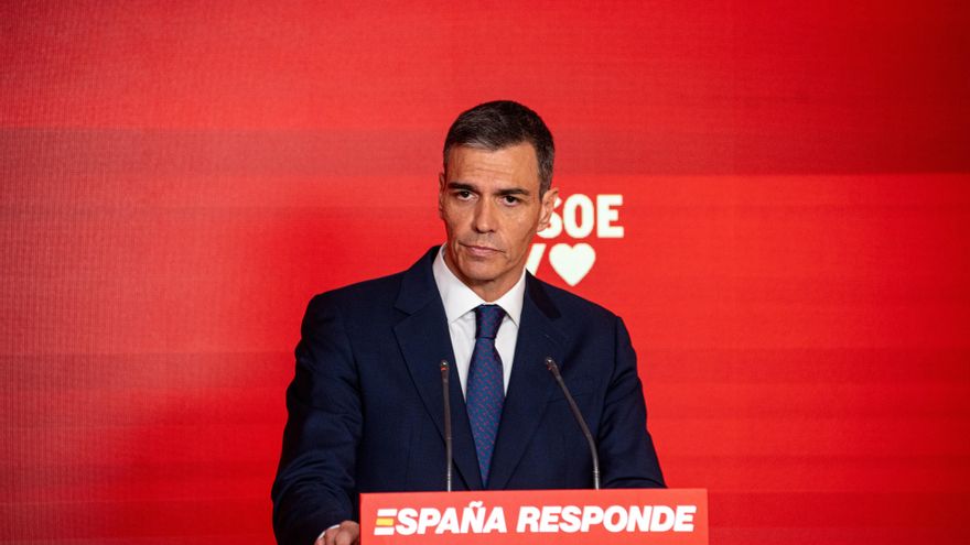 El presidente del Gobierno y Secretario General del PSOE, Pedro Sánchez, durante una rueda de prensa, en la sede del PSOE en Ferraz, a 12 de junio de 2025, en Madrid (España).
