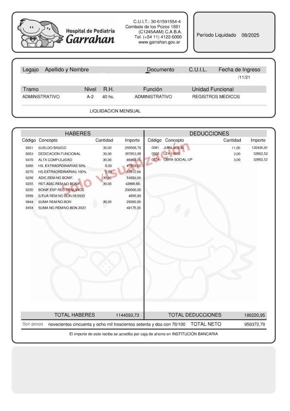 Recibo de un trabador administrativo del hospital Garrahan.