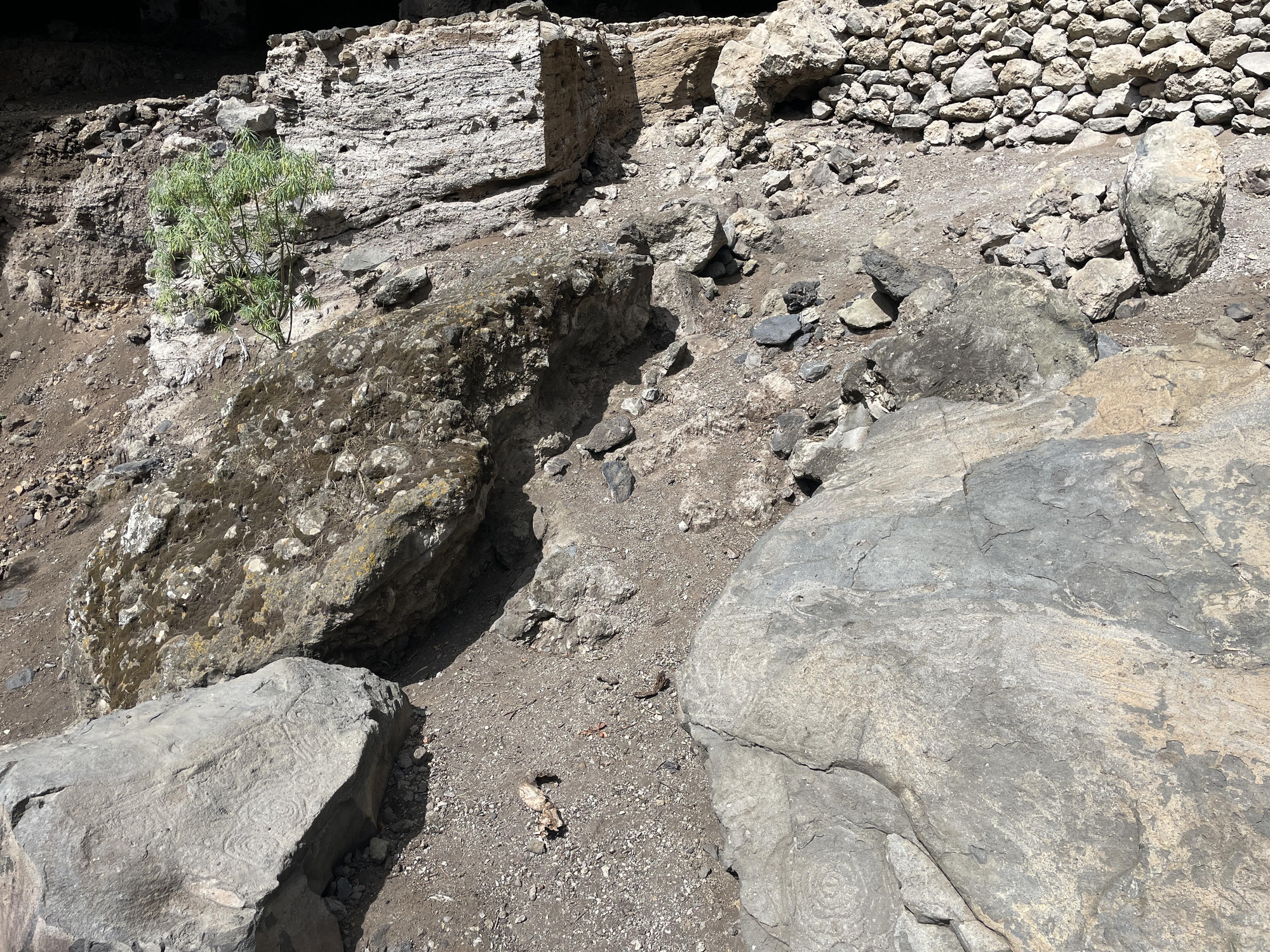 Grabados y estratigrafía arqueológica en Belmaco (Villa de Mazo). Foto: Jorge Pais Pais.
