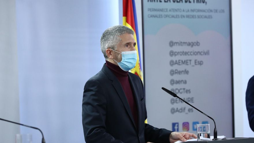 El ministro del Interior, Fernando Grande-Marlaska, en rueda de prensa desde Moncloa.