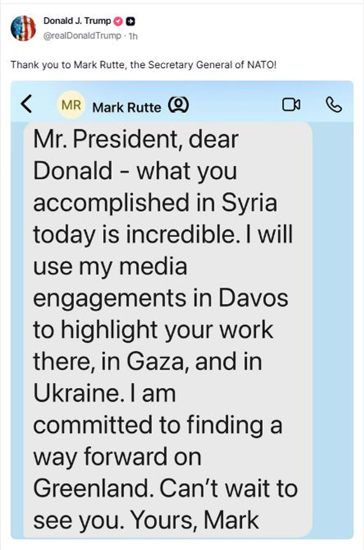 Captura del mensaje publicado por el presidente de EE.UU. en su red social Truth en el que filtra el contenido del mensaje privado que le envió el secretario general de la OTAN, Mark Rutte.