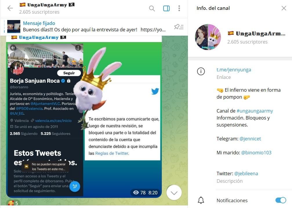 Imagen del grupo de Telegram de Unga Unga Army en el que reivindican el bloqueo de la cuenta de Borja Sanjuan