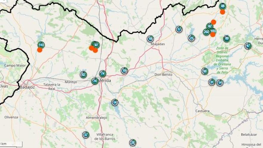 Situación en las provincia de Badajoz y Cáceres de los seis pantanos que están al cien por cien de llenado o muy cerca en la cuenca del Guadiana