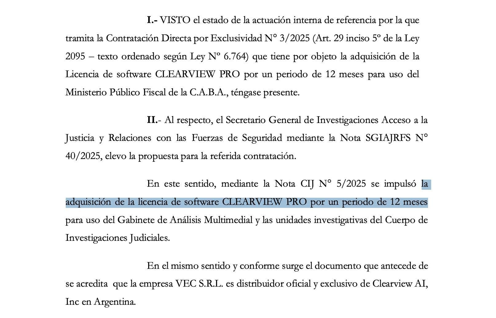Un extracto de la licitación que abrió el Ministerio Público Fiscal porteño para adquirir Clearview AI.