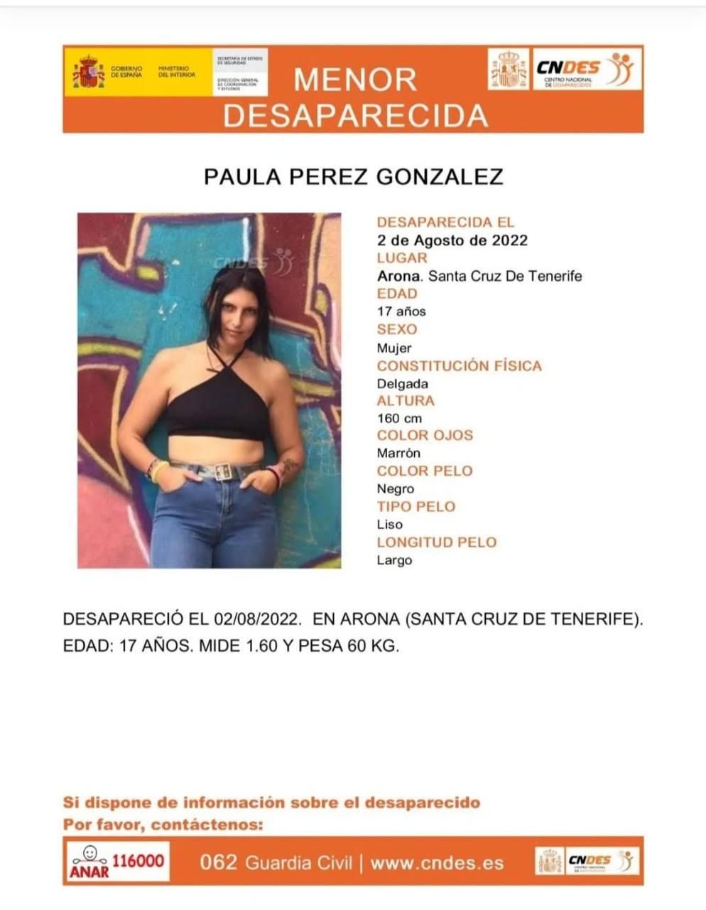 Paula Pérez, la menor desaparecida en Arona